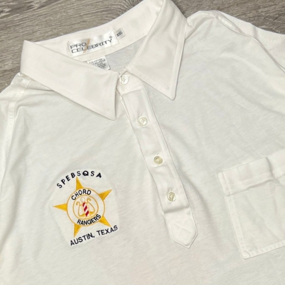 VTG SPEBSQSA Chord Rangers Polo Shirt Pro Celebrity Men XXL White Austin TX CROP